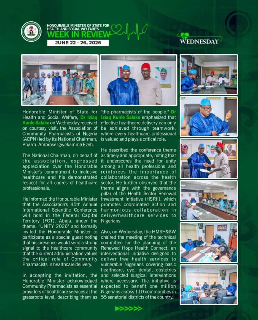 Fmohnigeria's tweet photo. Leadership in health is measured by the strength of the systems it builds.
During the previous week , the Honourable Minister of State for Health and Social Welfare, Dr. Iziaq Adekunle Salako, advanced key engagements focused on strengthening health governance, accelerating digital health, supporting rehabilitation services, promoting professional collaboration, and improving accountability across the sector.
These engagements reflect the Federal Government’s continued commitment to implementing reforms that strengthen institutions, improve service delivery, and expand access to quality healthcare for all Nigerians.

Take a look back at the week’s key activities.
#WeekInReview  #RenewedHope  #DigitalHealth  #HealthLeadership  #MinistryOfHealthNG