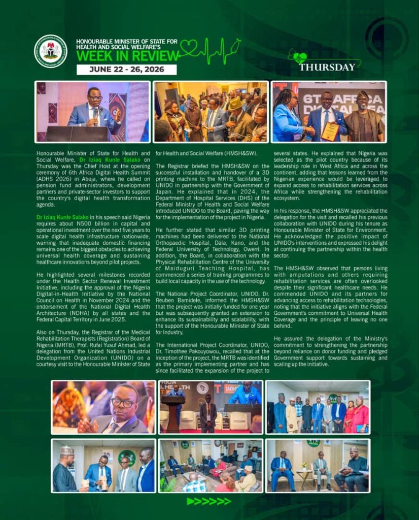 Fmohnigeria's tweet photo. Leadership in health is measured by the strength of the systems it builds.
During the previous week , the Honourable Minister of State for Health and Social Welfare, Dr. Iziaq Adekunle Salako, advanced key engagements focused on strengthening health governance, accelerating digital health, supporting rehabilitation services, promoting professional collaboration, and improving accountability across the sector.
These engagements reflect the Federal Government’s continued commitment to implementing reforms that strengthen institutions, improve service delivery, and expand access to quality healthcare for all Nigerians.

Take a look back at the week’s key activities.
#WeekInReview  #RenewedHope  #DigitalHealth  #HealthLeadership  #MinistryOfHealthNG