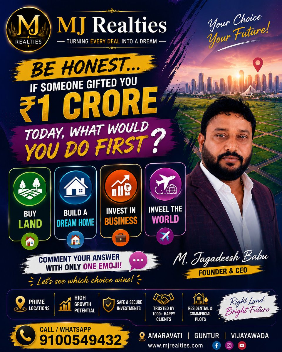 MJRealties's tweet photo. 🤔 Be honest...
If someone gifted you ₹1 Crore today, what would you do first?
🏡 Buy Land
🏠 Build a Dream Home
💰 Invest in Business
✈️ Travel the World
👇 Comment your answer with only one emoji:
🏡 🏠 💼 ✈️
Let's see which choice wins! 👇
#MJRealties #Amaravati https://t.co/qVeulMQJCG