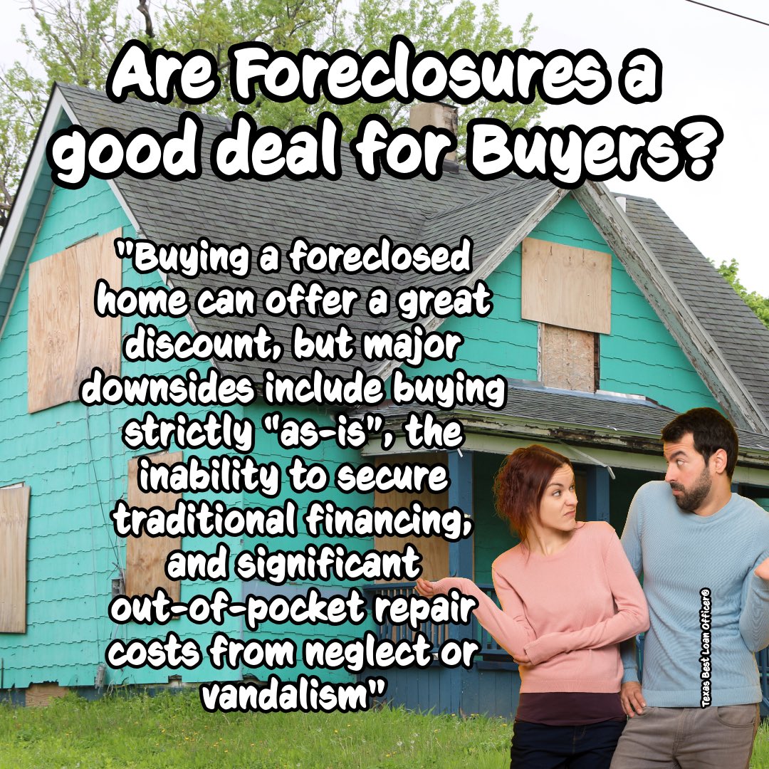 TXBSTLO's tweet photo. ✨A foreclosure is generally best suited for seasoned investors, cash buyers, or individuals with a heavy renovation budget and a flexible timeline. If you are a first-time homebuyer looking for a move-in-ready property, the risks and unexpected costs often outweigh the upfront discount...