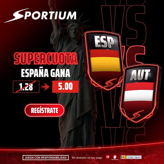 TorrenteBets_'s tweet photo. ESPAÑA GANA CUOTA 5🇪🇸🚨‼️

Apuesta exclusiva para nuevos usuarios de Sportium, regístrate desde este link ⬇️ para aprovecharla.

https://t.co/f8gx4e7gUJ https://t.co/lJCwE2Stqd