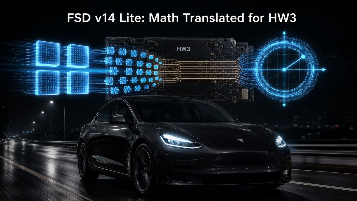 tslaming's tweet photo. Once upon a time, the narrative has been that HW3 has hit a hard, physical wall. The math required for modern autonomy—massive transformers, infinite context windows, high-dynamic-range position encoding—is simply too heavy for older 8-bit silicon. It should melt the chips or crash the memory.

But the underlying silicon architecture reveals a brilliant loophole: if you can't make the hardware physically bigger, you force the model to arrive in microscopic, HW3-sized puzzle pieces.

“Lite” doesn't mean weaker intelligence. It means hacking the physics of the chip so the exact same driving brain can survive inside a fraction of the compute budget.

Follow one piece of high-precision data through this new architecture, and the strategy stops looking like a compromise—and starts looking like a masterpiece of engineering.

🧩 The wide number is broken into HW3-sized pieces.

A newer autonomy model may want 16-bit or wider values, but an older accelerator path may be happiest with 8-bit chunks. Tesla solves that mismatch by separating the wide value into logical planes, such as the most-significant byte that carries the big shape of the number and the least-significant byte that carries the fine detail.

🧮 The neural-network accelerator performs the split itself.

Instead of dragging the data to a separate side unit just to prepare it, Tesla uses the MAC array already sitting in the AI accelerator. Simple convolution kernels like [1 0] and [0 1], applied with the right stride, let the existing hardware peel apart the upper and lower portions of the value while the data stays close to the compute path.

🔁 The pieces move through the narrow math lanes separately.

Once the wide value has been split, each smaller plane can travel through the fixed-width hardware as if it were native data. HW3 does not need to swallow the whole high-precision value at once; it can process the pieces separately while preserving their relationship.

🧷 The narrow answers are rebuilt using a cross-math trick.

To get a true 16-bit answer out of 8-bit chips, the hardware performs a four-way cross-multiplication (High-High, High-Low, Low-High, Low-Low). After those passes finish, the outputs are shifted, aligned, and summed. This is how older hardware approximates wider arithmetic—spending four cheap, narrow operations to emulate one expensive one.

📦 The rebuilt result is stored in a compact high-range format.

The pipeline still has to move and store the result, so Tesla describes formats that preserve useful numerical range inside a smaller container (using a massive 10-bit exponent and a tiny 5-bit mantissa). Instead of pushing huge raw values through every stage, the system keeps the information dense enough for older memory and bus limits.

🚚 The MAC then changes jobs from calculator to packer.

The next bottleneck is not the math itself, but the road the data travels on. Tesla uses multiplication as a transport trick: multiply one byte by a power of two, such as 128 or 256, and it shifts into the upper part of an output word; add the next byte with a weight of one, and it lands in the lower part of the same word.

🛣️ The narrow road carries more payload—safely.

Two smaller pieces of data can now ride through a narrow path as one packed word. By shifting a byte by 128 instead of 256, Tesla intentionally leaves a 1-bit "safety gap" between the packed numbers. This preserves the positive/negative sign bit, ensuring the car never mathematically confuses forward acceleration with backward braking.

📤 The payload is unpacked after the bottleneck.

Once the packed word clears the tight, heat-sensitive part of the circuit, a SIMD-style stage or downstream component splits it back into separate addressable locations. The old pipeline stays narrow where it has to stay narrow, keeping thermal limits in check, but the model receives data in a form that preserves high precision.

🌀 The most delicate position math travels in compressed form.

For transformer-style Rotary Positional Encoding (RoPE), the danger is not just moving numbers; it is preserving spatial memory. Raw angle values can drift when pushed through lower-precision hardware, so Tesla carries the angle information as logarithms. This smaller dynamic range makes them easier to transport without damaging the meaning.

💾 Compressed math saves critical RAM for long-term memory.

Keeping spatial data in log-form doesn't just save wire bandwidth; it slashes the memory footprint in the car's KV-Cache. This allows older hardware to store much longer video context—like remembering an occluded stop sign from 30 seconds ago—without overwhelming HW3's limited RAM.

📐 The old hardware carries the ingredients, not the final rotation.

The narrow path does not need to calculate the full sine, cosine, and rotation matrix by itself. It only needs to move enough compact log information forward so a higher-precision block can recover the real angle later.

📍 Precision returns exactly where the driving brain needs it.

When the data reaches the higher-precision logic block, the system uses Horner's Method to efficiently recover the angle, compute sine and cosine, and build the rotation matrix. HW3 does not need high precision everywhere; it selectively summons it exactly where the model’s memory of the scene would otherwise drift.

Together, these silicon-level translations fuse into a lifeline for legacy fleets.

Tesla isn’t taking a chainsaw to the intelligence of the car. Instead of forcing a giant software monolith through a narrow bottleneck, they’ve fundamentally redefined what 'Lite' means by changing the packaging—ensuring the heavy, next-gen logic can survive inside a much tighter, hotter compute budget.

Why does this matter? Because hardware obsolescence is the biggest anxiety in the EV world.

HW3 will never physically become AI4 or AI5. But with this architecture powering FSD v14 Lite, it doesn't have to. HW3 gets a path to stay relevant because Tesla engineered a way for 2019 silicon to fluently speak the language of 2026!