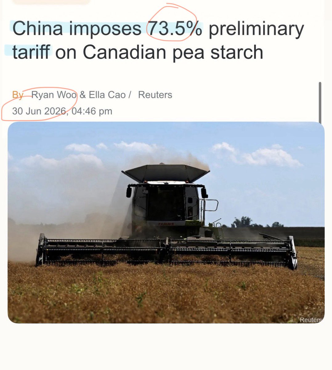 MelissaLMRogers's tweet photo. HOLY CRAP 🇨🇦 Canada’s new reliable partner, CHINA, just imposed a 73.5% tariff on imports of Canadian pea starch 😅

China says Happy Canada Day with a 73.5% TARIFF https://t.co/j5ehx2S0dy