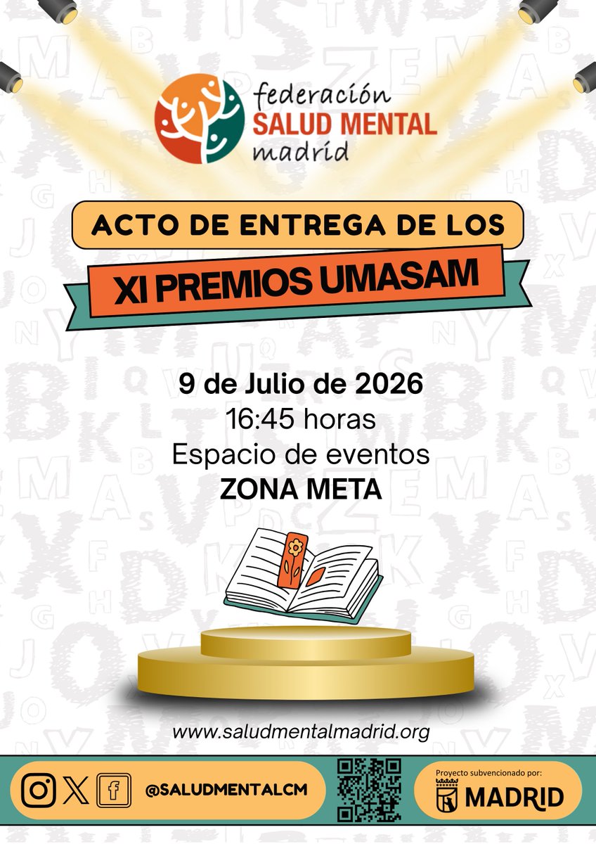 saludmentalCM's tweet photo. 🏆 ¿Te gustaría acompañarnos en el acto de entrega de los XI #PremiosUMASAM?
🗓️9 de julio
🕟16:45h
📍Zona Meta (Paseo de la Castellana 35, 28046 #Madrid)
🤩 No te lo pierdas‼️ Apúntate en el siguiente formulario (obligatorio) 👇👇
https://t.co/4VZosMFIwc https://t.co/mqCQ3jAEMQ