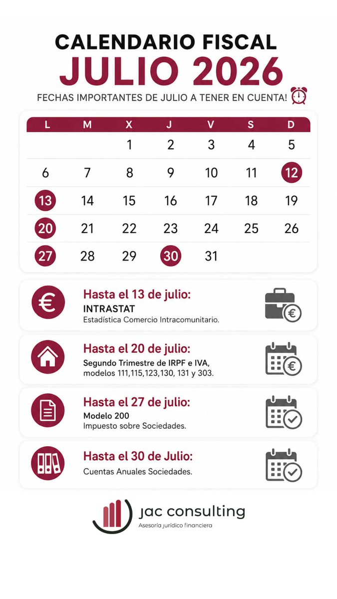 JACCONSULTINGSL's tweet photo. 📅 No te olvides de tu organización fiscal https://t.co/uoKE8OcIK7