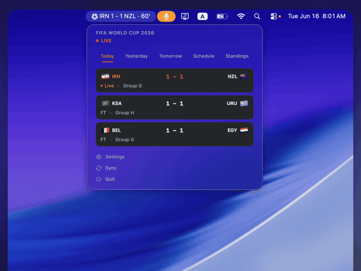 shafiswapnil's tweet photo. ⚽️ Built FIFAWC Scores - native macOS menu bar app for FIFA World Cup 2026

Have a look here: https://t.co/KehMWUqqQs
GitHub: https://t.co/Y8abzYKmXi

#fifaworldcup #fifa #scores #swift https://t.co/Y1aPEp2vqM