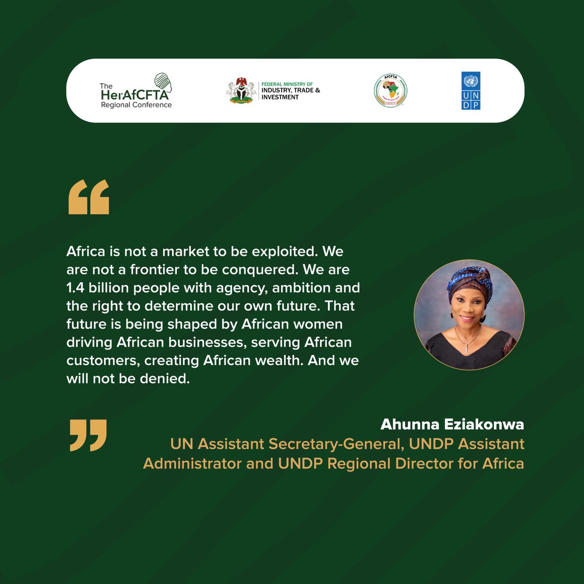UNDPAfrica's tweet photo. Women already move much of #Africa's trade. 📈
At the #HerAfCFTA Regional Conference, @AhunnaEziakonwa highlighted that the continent's economic future is already being built by the women running businesses, moving goods & creating wealth across Africa. 🌍
#WomenInTrade #AfCFTA https://t.co/u1NATI7D3I