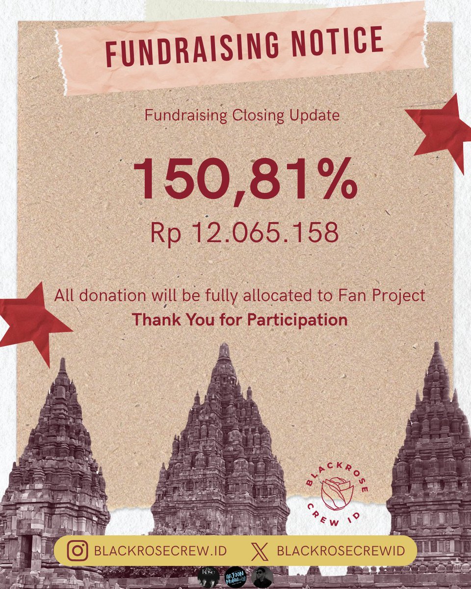 BlackroseCrewID's tweet photo. Black Rose Indonesia

The donation is closed by 26 June 2026 collected Rp 12.065.158,- 

Thank you for your endless support for 𝙍𝙊𝙎𝙀𝙏𝙊𝙋𝙄𝘼: 𝙋𝙧𝙖𝙢𝙗𝙖𝙣𝙖𝙣 𝘾𝙝𝙖𝙥𝙩𝙚𝙧 🌸

Your support means a lot 🌹

#더러즈 #TheRose #PJF2026 https://t.co/OHi8cCY2F0
