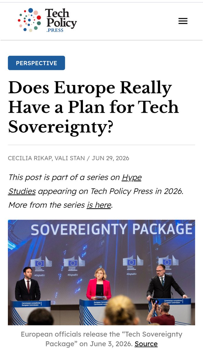CeciliaRikap's tweet photo. The European Commission's Tech Sovereignty proposal tries—&amp; fails—to kill 3 birds with the same stone: competitiveness, sustainability &amp; sovereignty. While it may partially succeed in the former, it will do so at the cost of the 2 latter.

Op-ed at #Tech #Policy Press
Link below https://t.co/SnSMmOzZk9