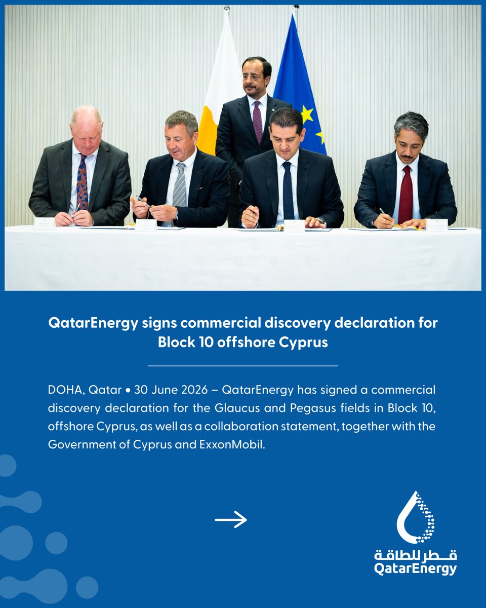 qatarenergy's tweet photo. QatarEnergy signs commercial discovery declaration for Block 10 offshore Cyprus
#QatarEnergy #YourEnergyTransitionPartner #Qatar https://t.co/0tiEJFxK2Q