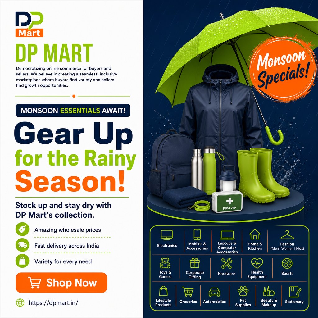 DPMart1404's tweet photo. Is baarish ke mausam ko miss mat karo! ☔️  
Raincoats, umbrellas aur waterproof bags — sab kuch wholesale prices par!  
Stock up today!  
👉 Monsoon collection dekho — https://t.co/phhVDYOkWe

#DPMart #EcommercePlatform #ShopOnline #MonsoonEssentials #Marketplace https://t.co/OR50qmS3Oh
