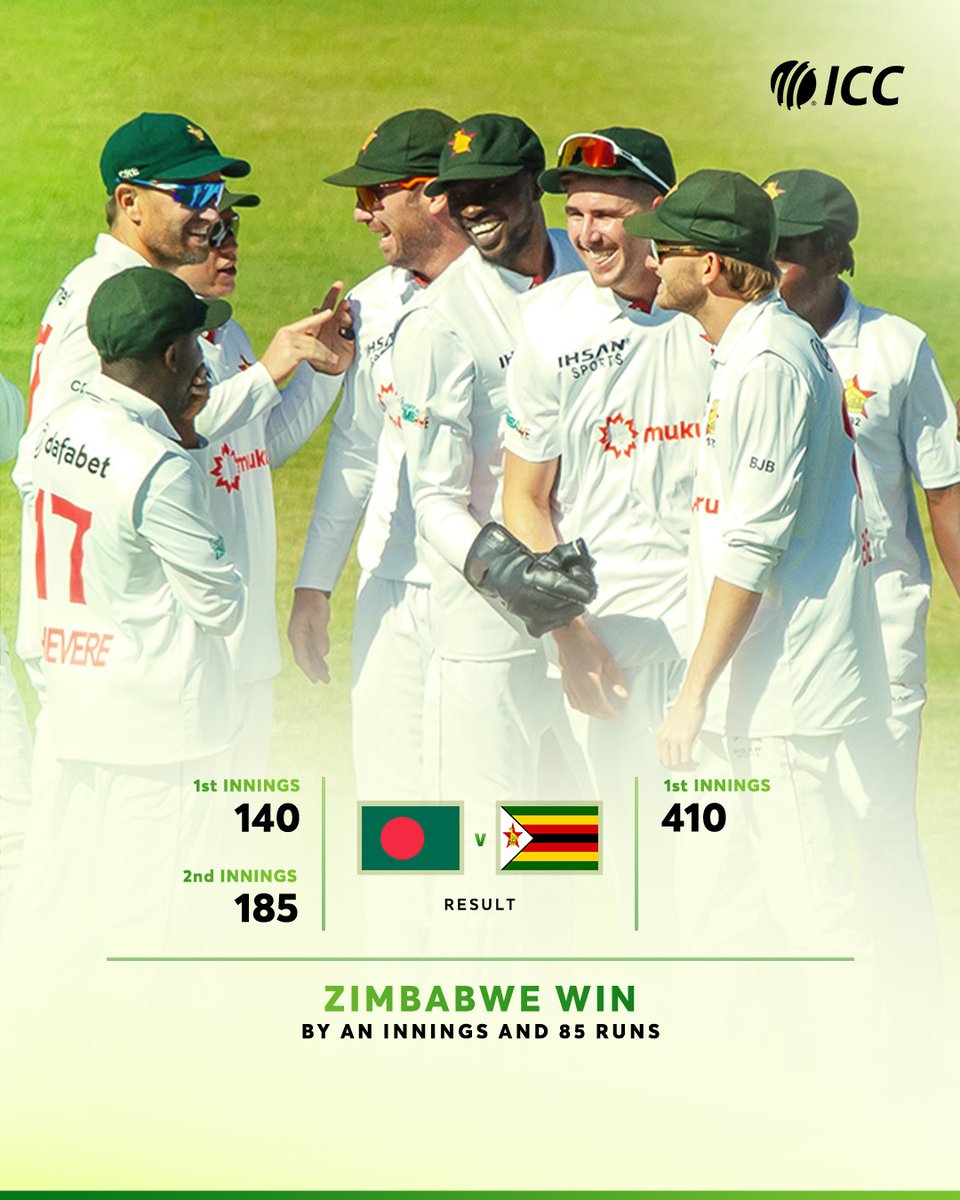 ICC's tweet photo. Zimbabwe record their biggest-ever Test victory with a dominant win over Bangladesh in Harare 👏

📸: @ZimCricketv 

📝: https://t.co/A2e3AEvNX2 https://t.co/RXhdF1Ihu2