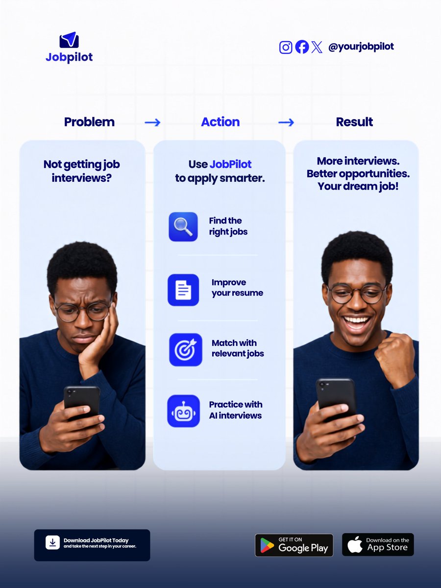 yourjobpilot's tweet photo. Not getting job interviews? Stop applying harder and start applying smarter.

​JobPilot helps you find the right roles, optimize your resume, and ace AI practice interviews so you can land the results you deserve.

​Download JobPilot today on iOS and Android!

​#jobsearchtips https://t.co/cOAS0j6CGD