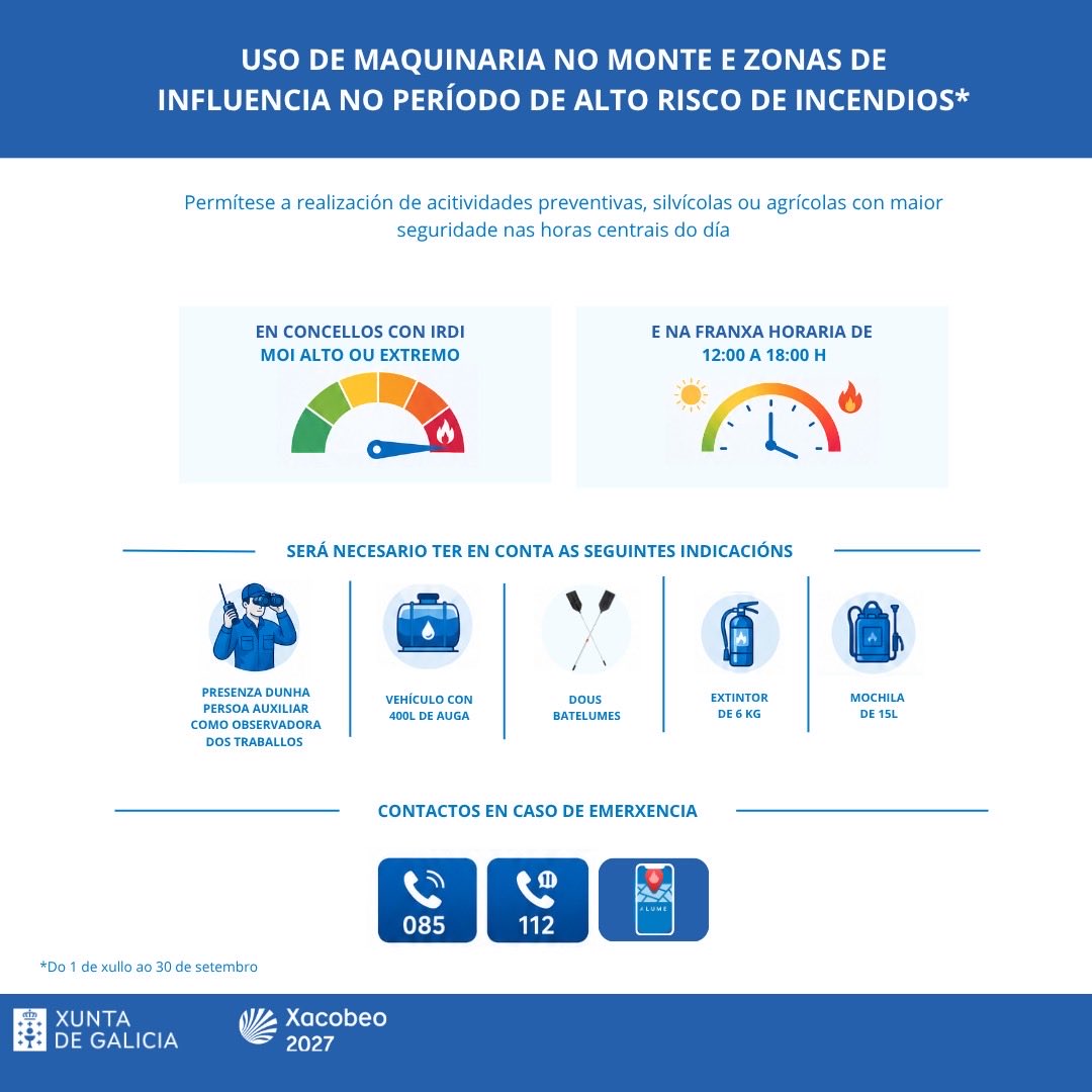 APRAFOGA's tweet photo. A prevención comeza no deber de máxima prudencia en todo tipo de labores con maquinaria cando o Índice de Risco de Incendio (IRDI) é Moi Alto ou Extremo. 
O incendio mellor extinguido é o que nunca chegou a suceder grazas á profesionalidade e compromiso co territorio. https://t.co/TbjsJ6QObr