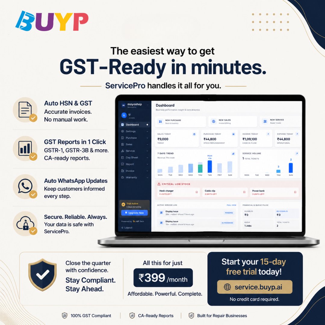 BuypTech's tweet photo. *Q1 FY27 closes today. ⏰*
Before you file GST, make sure:
✅ Invoice numbers are sequential
✅ Every repair job matches a GST invoice
✅ Reports are CA-ready
✅ No missing records
Stay GST-ready with 
💰 ₹399/month
🎁 15-Day Free Trial
🌐 https://t.co/qmMBWDCVPd
#GST https://t.co/CG9qH8n7pa