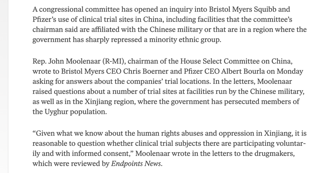ArmstrongDrew's tweet photo. Exclusive: Pfizer + BMS (which have both done major china deals recently) got letters from the House China select committee yesterday:

Ask about China trials, PRC military sites and informed consent in trials: https://t.co/84aDx9Tljf