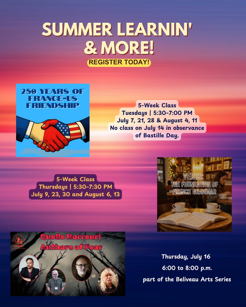 FACNH_official's tweet photo. ☀️ July at FACNH!

📚 France-US Friendship begins July 7
🎓 French Verbs begins July 9
👻 Quelle Horreur! (Beliveau Arts Series) is July 16.

Learn, explore, and connect this summer!

🔗 Register via our Linktree : https://t.co/EqGybrG4Jn

#FACNH #LearnFrench #BeliveauArtsSeries https://t.co/J1Pun9GS0f
