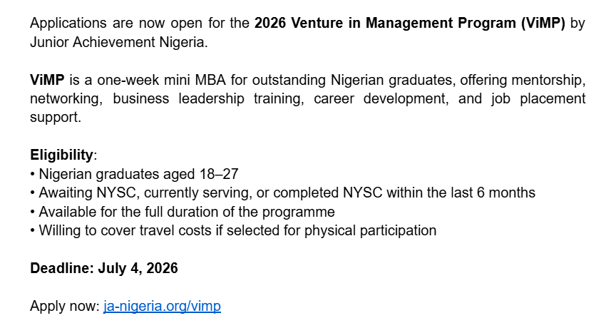 Robinhood0r's tweet photo. Applications are now open for the 2026 Venture in Management Program (ViMP) by Junior Achievement Nigeria

Apply now 👇 
https://t.co/6jbGDU0P26 https://t.co/uzuZIczVJS