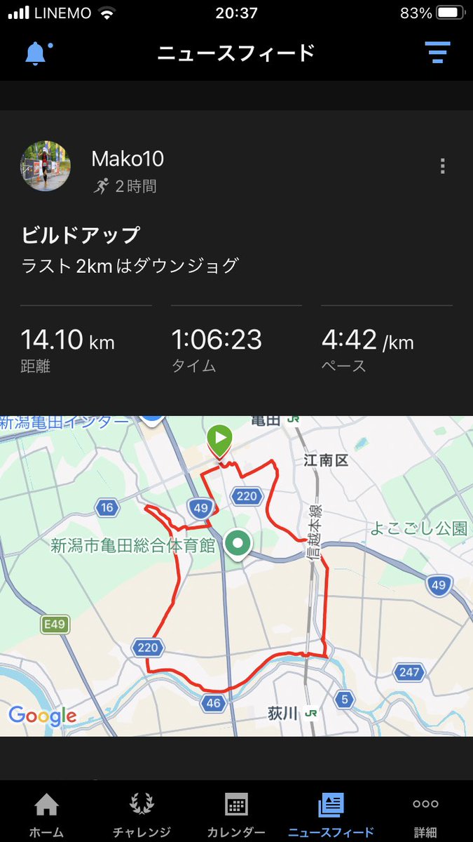 mako10runner's tweet photo. ビルドアップ走。
キロ5:15〜4:00くらい。
ラスト2kmはダウンジョグ。
今月は300km弱。調子悪く走れなかった日があった割には距離踏めて良かった。 https://t.co/IInpJwspqX