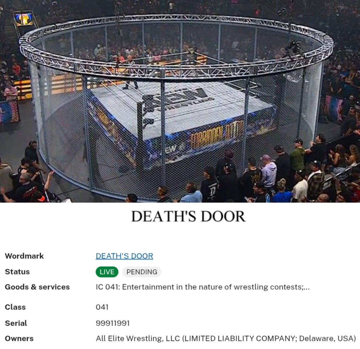 TheDrainmaker's tweet photo. On June 29, AEW filed to trademark...
DEATH’S DOOR. 🚪

Looks like this is going to become a yearly tradition for Forbidden Door PPV. https://t.co/nYy18YWhqR