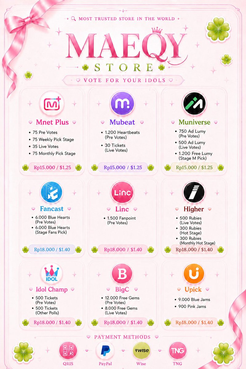 Mae_qys's tweet photo. 🛒 — A𝙑𝘼𝙄𝙇𝘼𝘽𝙇𝙀 F𝙊𝙍 S𝙀𝙇𝙇 ⌇ ۶ৎ
↳ 𝓗igher
↳ 𝓛inc
↳ 𝓜ubeat
↳ 𝓜universe
↳ 𝓜net 𝓟lus
↳ 𝓘dol 𝓒hamp
↳ 𝓕ancast
↳ 𝓑igc
↳ 𝓤pick

— P𝙖𝙮𝙢𝙚𝙣𝙩 💳:
↳ QRIS 
↳ PAYPAL
↳ WISE
↳ TNG

—  DM 𝓕or 𝓑ooking 𝓢lot! 💌 https://t.co/HJqfOUzDTX
