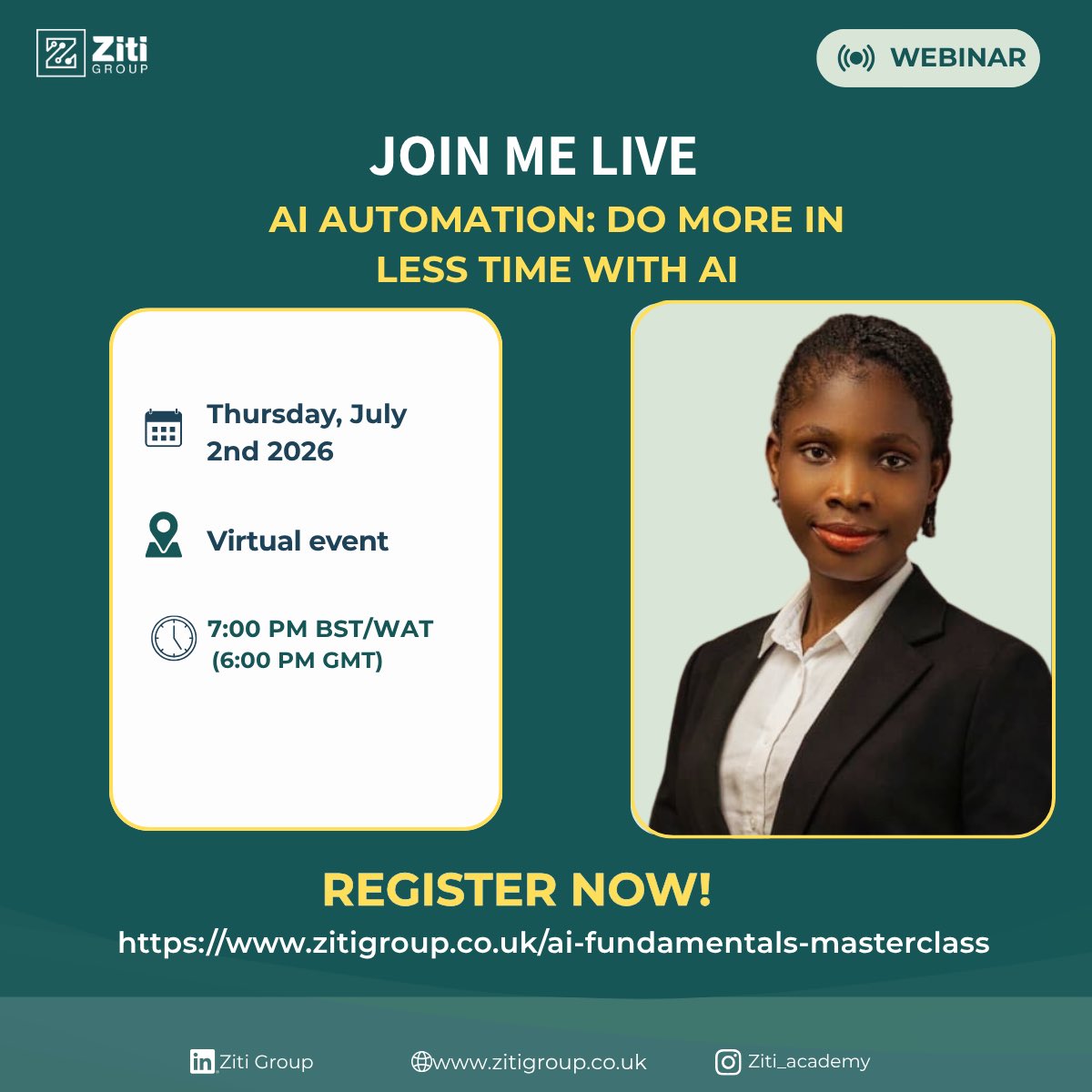 Zitigroup's tweet photo. Join Peace Adamu for a FREE live webinar:

AI AUTOMATION: DO MORE IN LESS TIME WITH AI

Discover how AI can automate repetitive tasks, improve productivity, and help you focus on what matters most. https://t.co/xL2rCYz3T2