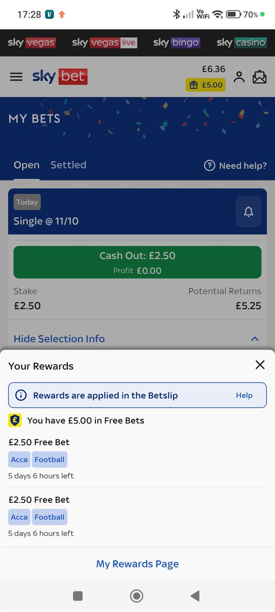 stuartlatham's tweet photo. @SkyBet  why is it so difficult to spend my free bets I spend my 30 pounds in your sky bet club and I have received 2 x £2.50 free bets on a football acka I have tried placing my bets numerous times and I'm not able to do so because the free bets do not come available. https://t.co/qQ9miPjJsK