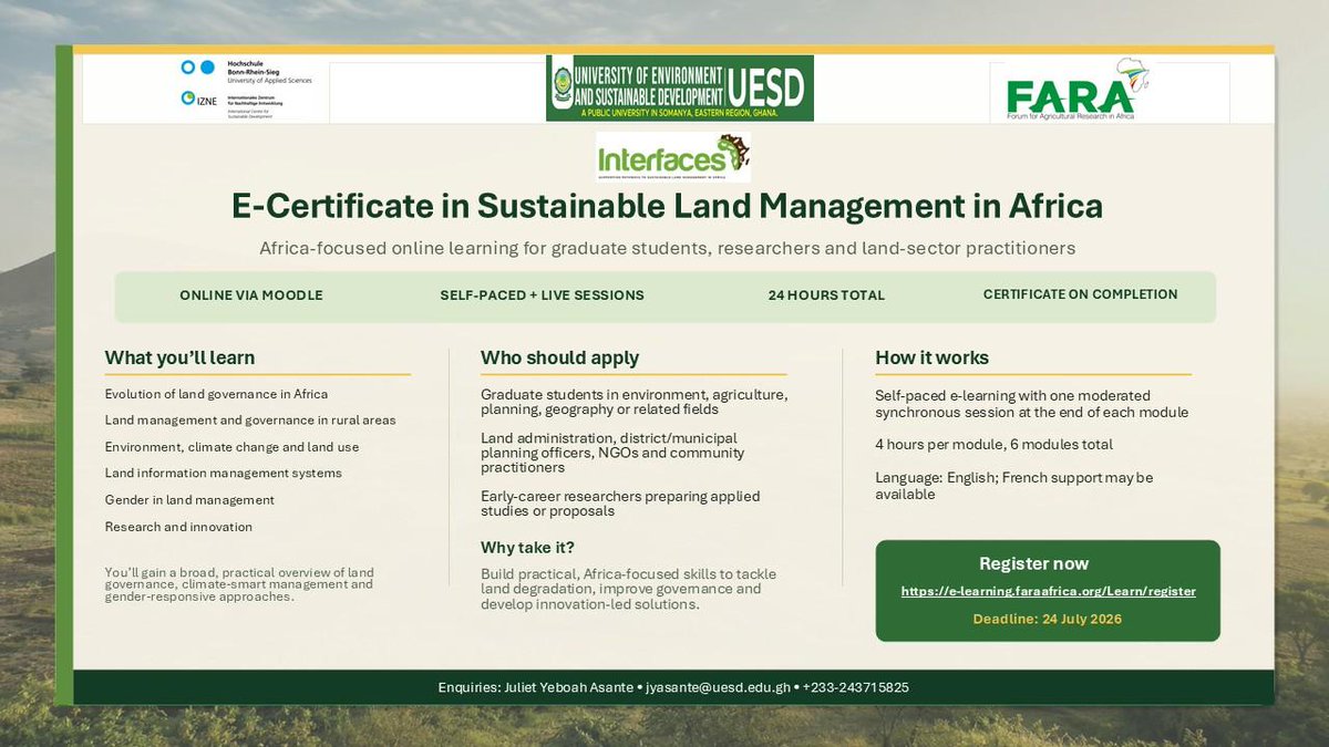 FARAinfo's tweet photo. #ApplyNOW: E-Certificate in Sustainable Land Management in Africa

We warmly encourage interested students, professionals, &amp; partners to apply &amp; share this opportunity within their networks.

Kindly register via 🔗 https://t.co/lDBwasy9Uq

#SLM_Africa #SustainableLandManagement https://t.co/KTO3GAkLxn