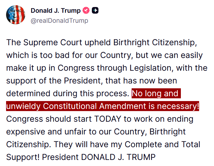 disclosetv's tweet photo. JUST IN - Trump says, "No long and unwieldy Constitutional Amendment is necessary" to end Birthright Citizenship. Claiming, that Congress can end it through legislation. https://t.co/vM0MZMUtnc