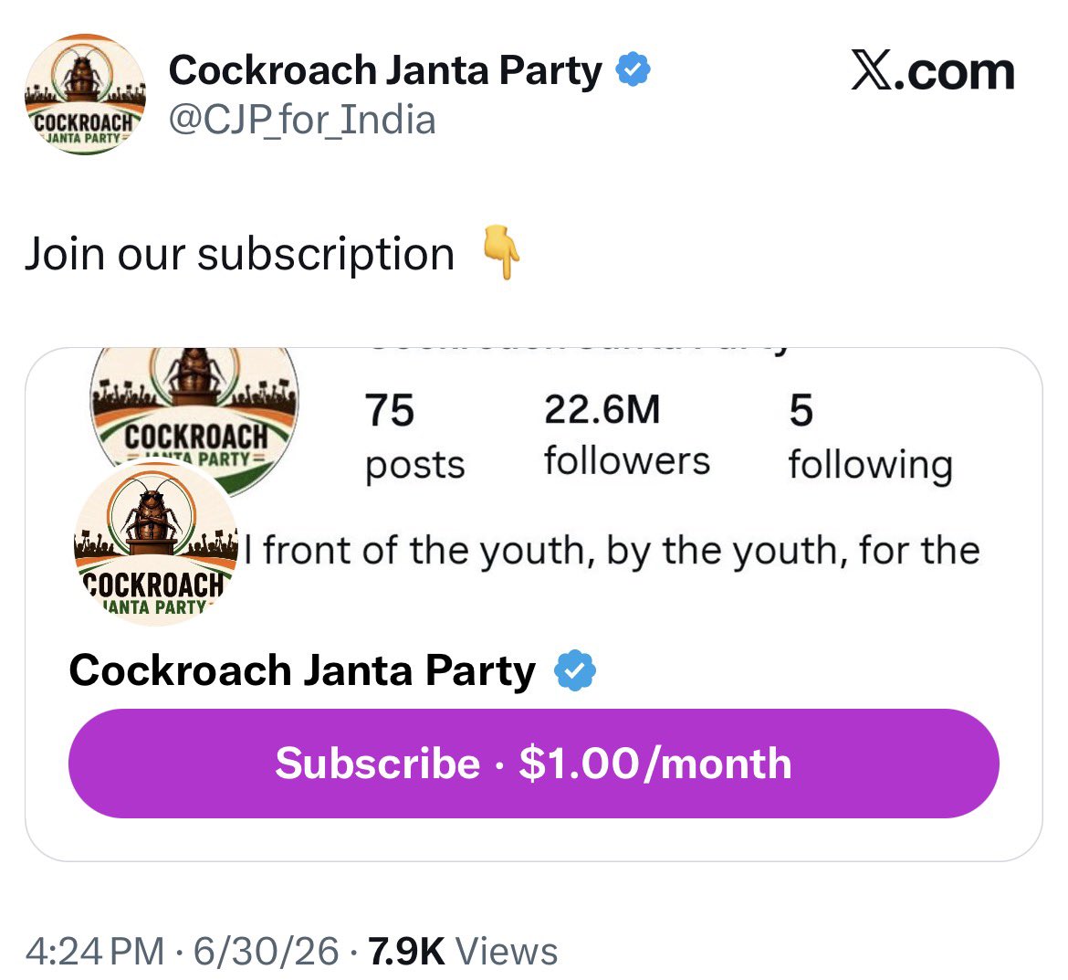 abhijeet_dipke's tweet photo. Important:

@CJP_for_India is a scam account that is collecting money from people in the name of the Cockroach Janta Party.

Please don’t fall for such fake handles. Report and block them.

Our only official account is: @Cockroachisback. https://t.co/t1AIj3AYgC
