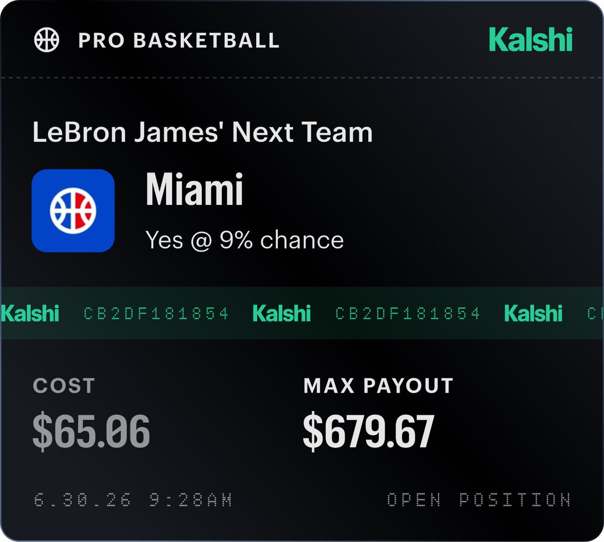 5ivePointPicks's tweet photo. Im calling it NOW! LRBON TO MIAMII #nba #lebron 

Hey! I just made a prediction on Kalshi. Think you'd call it differently? Try it here: https://t.co/dJon7ZgsyG https://t.co/wqbu5TUxdf