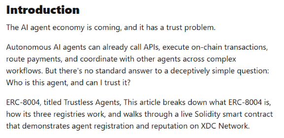0xSynthChain's tweet photo. 🤖 Trust is the missing piece for AI agents.

ERC-8004 brings on-chain identity, reputation, and validation to autonomous AI on @XDCNetwork—unlocking trustless AI for trade finance, RWAs, and beyond. 

https://t.co/XxlRujRtoT

#XDC #AI #AIAgents #ERC8004 #BuildOnXDC https://t.co/hbynUiWAGZ