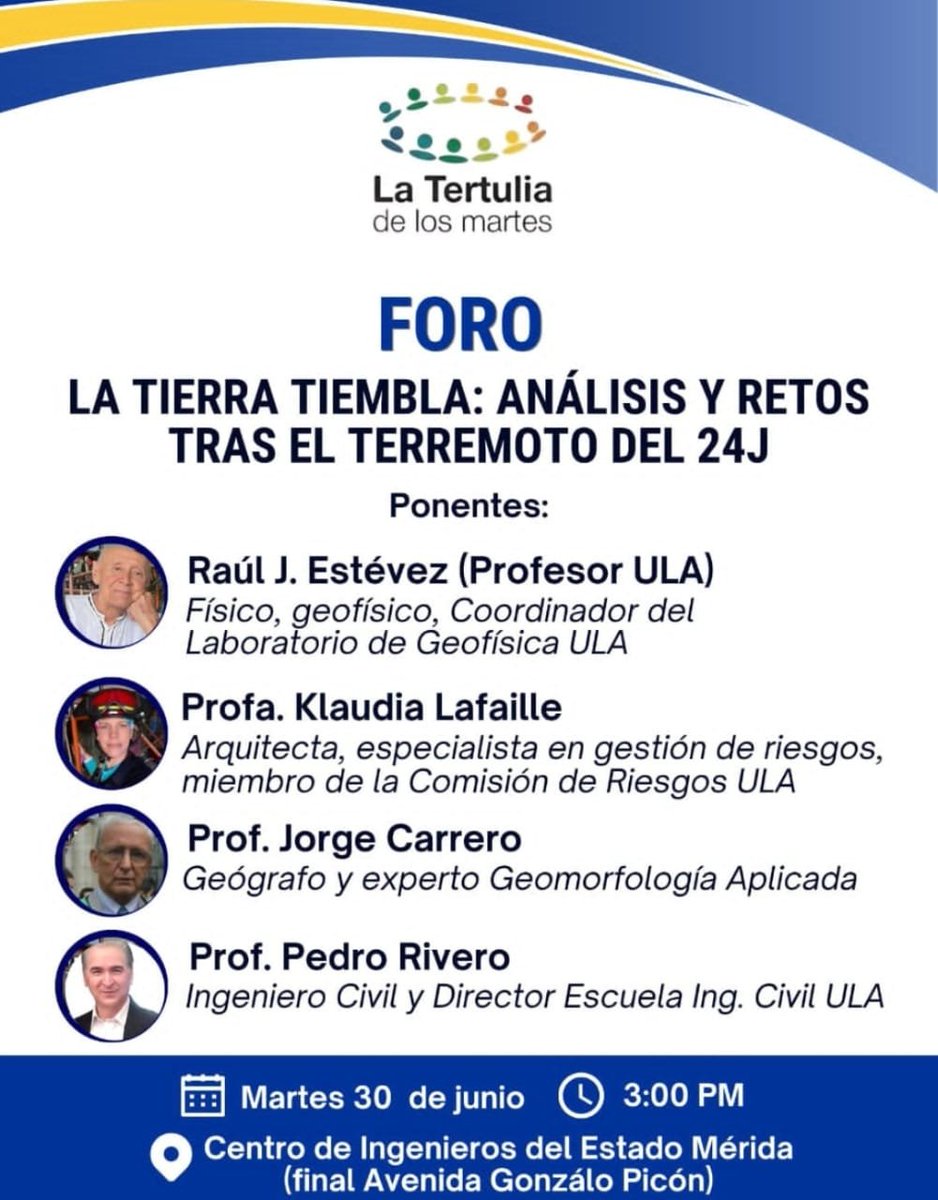 FAPUV's tweet photo. Foro: "LA TIERRA TIEMBLA: ANÁLISIS Y RETOS TRAS EL TERREMOTO DEL 24J"
Será también transmitido vía Zoom:
Día: Hoy martes 30 junio de 2026 
Hora: 3:00 p. m.
Lugar: Centro de Ingenieros de Mérida, final Avenida Gonzalo Picón
Únase a la reunión de Zoom
https://t.co/sTv6BpClg0 https://t.co/p76sn80qFX