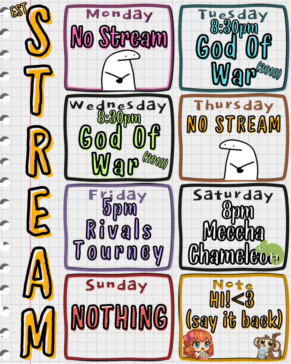 DoodlingMonkey's tweet photo. Things are happening this week!!

GOD OF WAR - Tonight and Tomorrow

**MARVEL RIVALS TOURNAMENT** on Friday at 6pm est (starting stream at 5)!!!! Come Support the team **Rivals Gone Wild**

Saturday is MORE MECCHA CHAMELEON (all are invited to play!!)

So Excited For This Week🤍 https://t.co/beJnix20aP