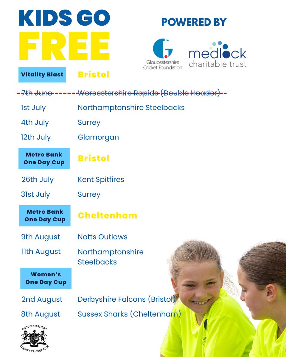 GlosCricketFdn's tweet photo. There is still time to pick up tickets for the next Junior Takeover @Gloscricket 🏏 4 FREE kids' tickets with every adult purchase.

Get along for a night of @VitalityBlast action 💥(they're also showing the football)

🎟️https://t.co/y0hN2Rci3q https://t.co/k9AtsRK3hD