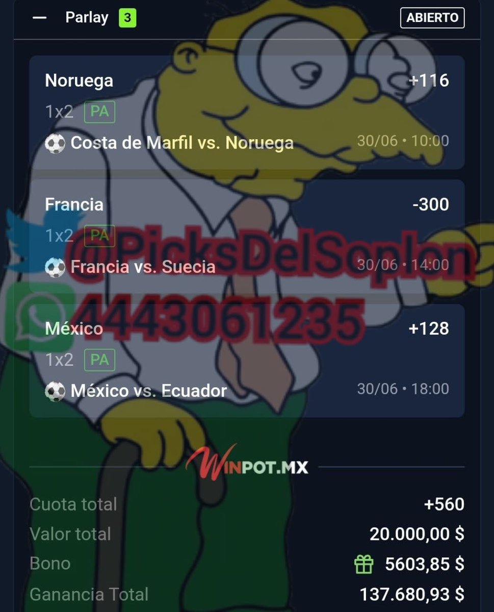 PicksdelTopo's tweet photo. ✅ PARLAY DEL CHAPITO 🔥
Noruega 1X2 PA
Francia 1X2 PA
México 1X2 PA
Cuota total: +560 💰
Valor: $20,000
Ganancia aprox: $137,680
¿Quién se anima a seguir al Chapito hoy? 🇳🇴🇫🇷🇲🇽
¡ABIERTO! 🤑
#Parlay #Apuestas #WinpotMX https://t.co/Y6zmTcSqnb