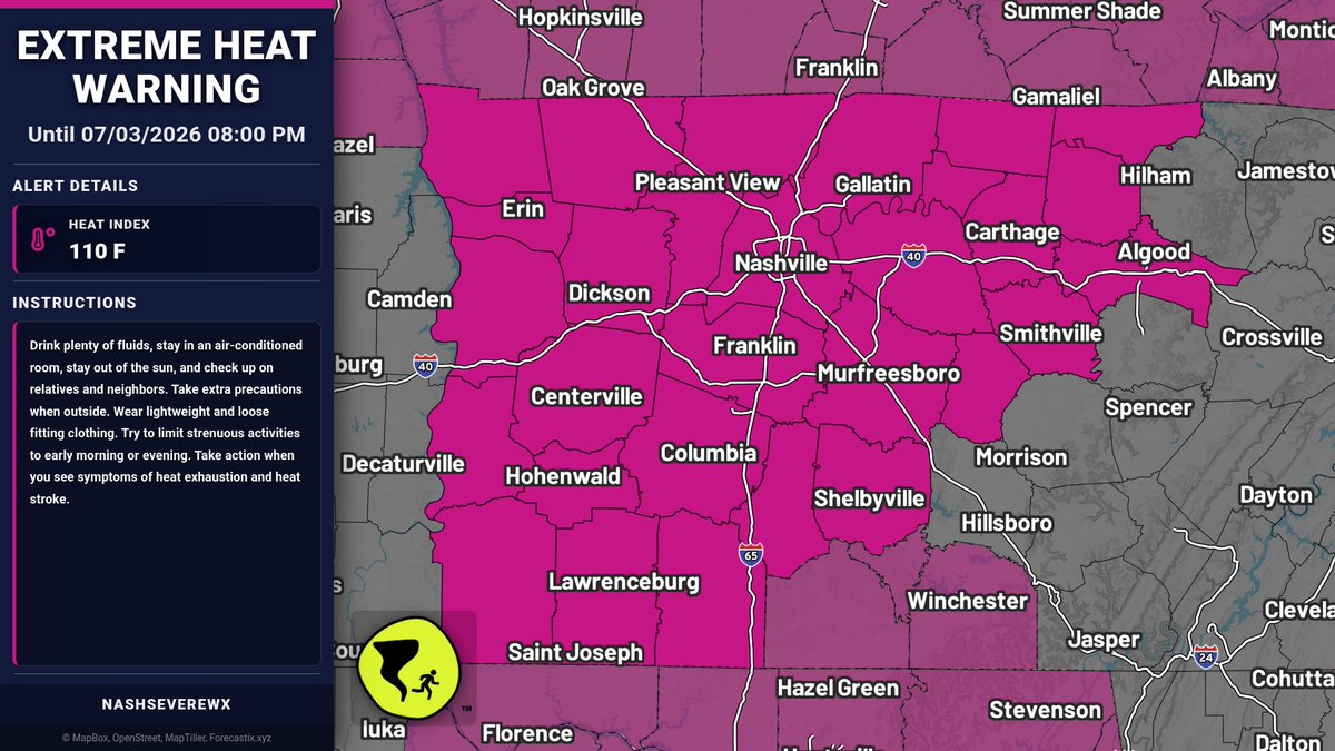 NashSevereWx's tweet photo. Time Extended - Extreme Heat Warning for Davidson, Williamson | Heat Index: 110 F | Expires at 07/03/2026 08:00 PM. https://t.co/kL5eu9CLri