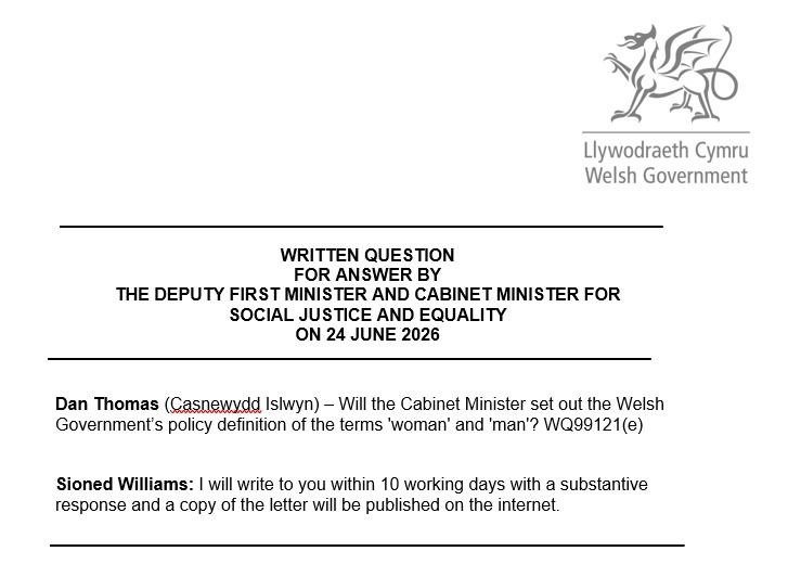 DanWalesReform's tweet photo. It took Plaid Cymru 5 days to come back and say they’ll need a further 10 days to work out what a woman is! https://t.co/ol7Q9dQeza