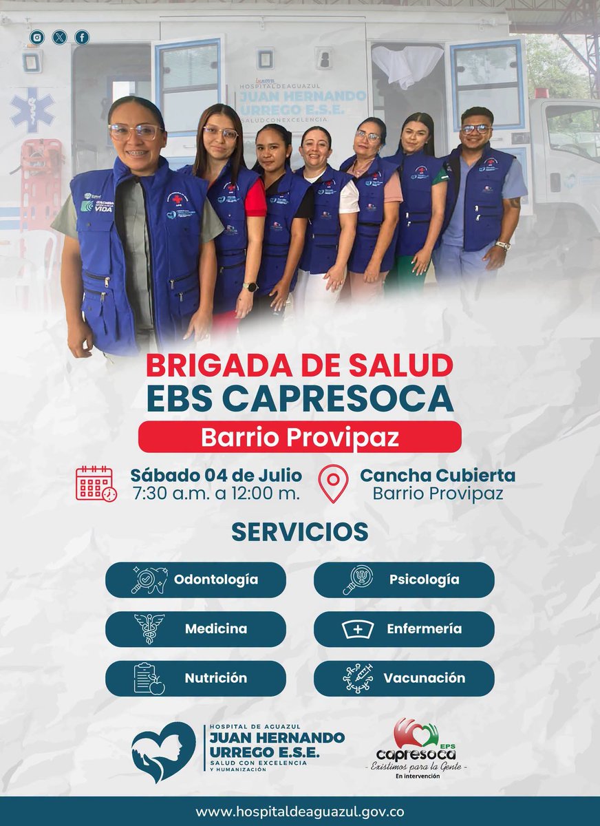 Capresoca2025's tweet photo. ¡La salud llega a los barrios! 🚑 El EBS de Capresoca Eps del Hospital de Aguazul Juan Hernando Urrego E.S.E. estará el 04 de julio en la cancha cubierta del barrio Provipaz para participar en nuestra gran brigada de Salud, un espacio pensado para cuidar de ti y de tu familia https://t.co/C5fxfikpvU