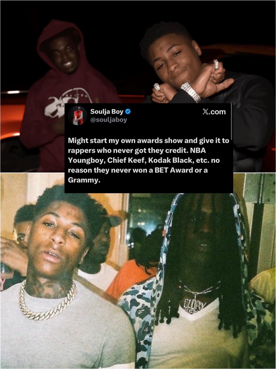 ybdeyo's tweet photo. Soulja Boy says there’s no reason NBA YoungBoy, Chief Keef and Kodak Black don’t have a BET Award or Grammy💯🤝

He also added he might start his own award show😳 https://t.co/KTqBDgZTqu