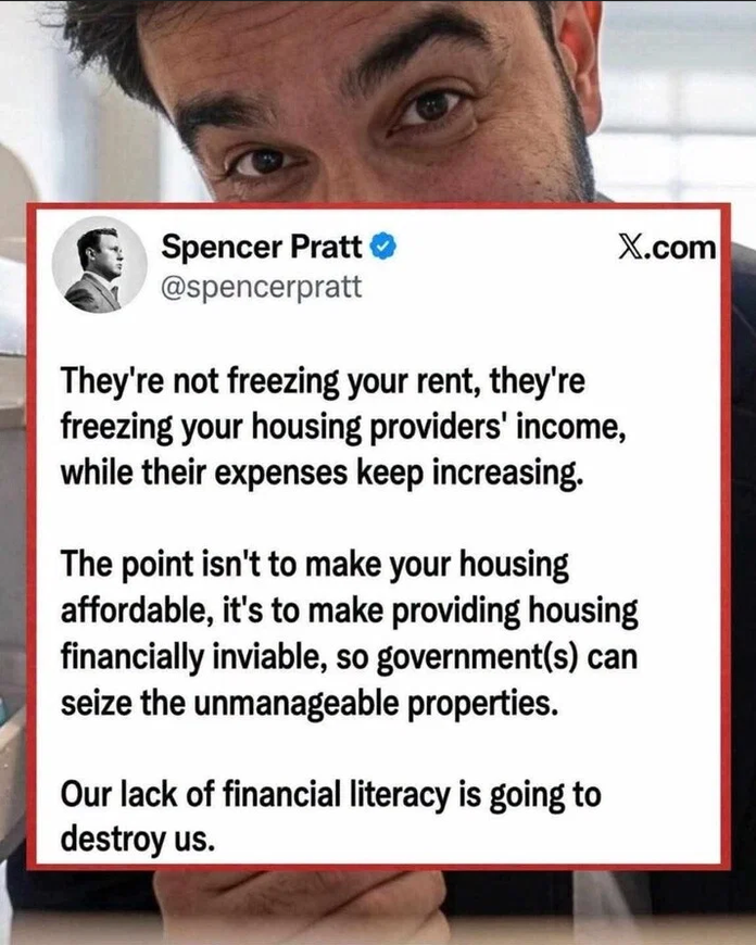 BelannF's tweet photo. IT'S TOO BAD SO MANY AMERICANS ARE ILLITERATE ABOUT HOW THE ECONOMY WORKS.

Freezing the rent means the owner of the building loses the income needed to repair the properties as needed.

It also means they may lose their property when they can no longer pay the taxes, so the government will seize the property.

Our lack of financial literacy will be what destroys us all.