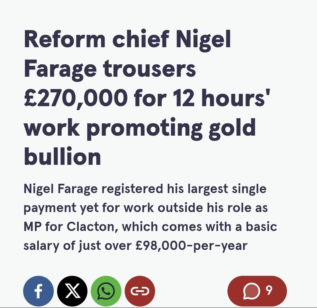 narindertweets's tweet photo. Man of the people Farage got paid £270k for selling gold.
But he wants you to believe immigrants are the grifters. https://t.co/tlC5NkcD9i