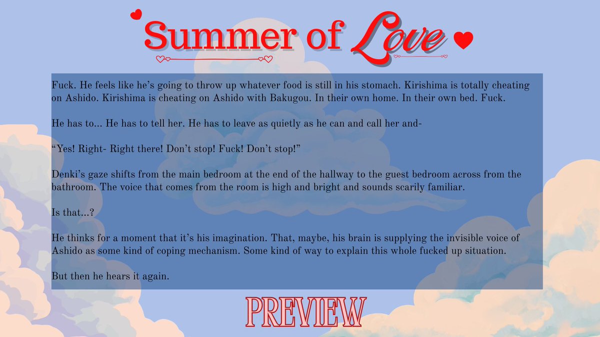 Tjmax_15's tweet photo. TW: implied 🔞
I’ve been cooking up a little bakusquad fic for @mhasummeroflove And I absolutely needed to post my preview as a late birthday present to Kaminari! Get ready for some #krbk and #srmn with #kmjr on the side🥰
And check out the event in July! So many cool creators! https://t.co/LMJb6c8OjD