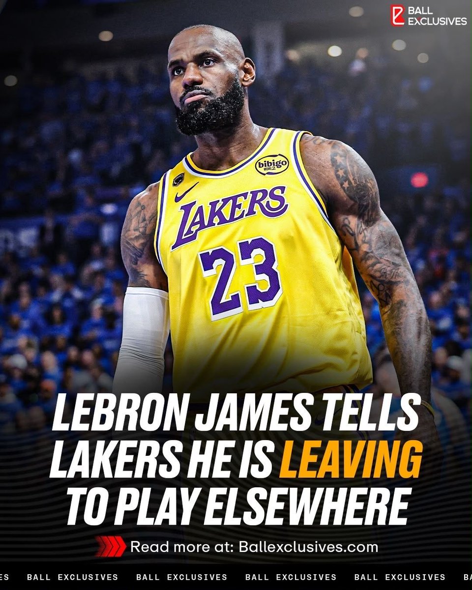 ballexclusives's tweet photo. BREAKING: LeBron James will play in 2026-27 and has informed the L.A. Lakers that he will be playing elsewhere next season, per ESPN’s Shams Charania 🚨

James’ tenure in L.A. is officially over after 8 seasons 🤯 https://t.co/grzQNqq8Kz