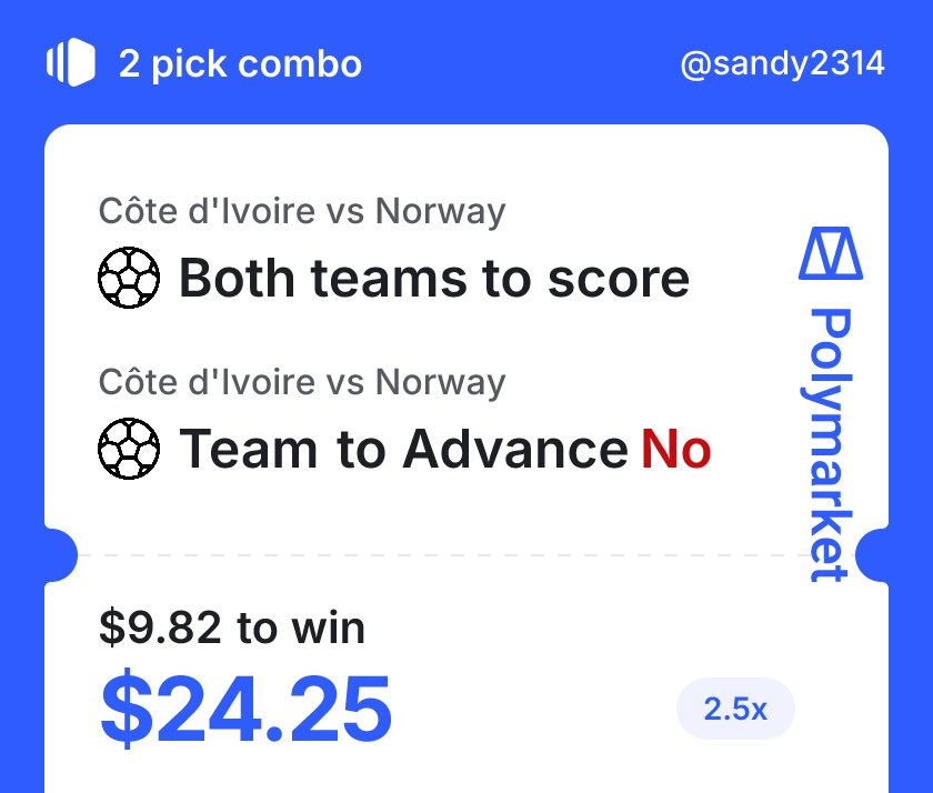 Sandy_146's tweet photo. I just built a combo on @Polymarket.

Trade against me: https://t.co/vpi1PZeuDy