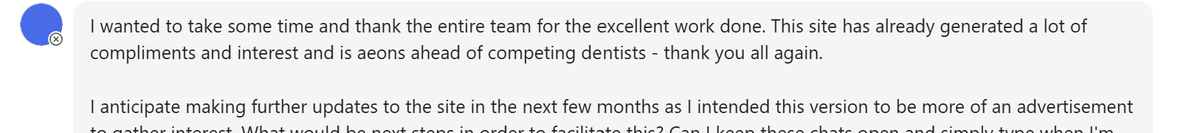 klimtcreations's tweet photo. got this from a client last week.  "this site is already generating compliments and interest, and is aeons ahead of competing dentists."  here's the part most people miss.  in a conservative field, a good site doesn't win on looks. it wins on trust. https://t.co/i3mja6m4GV