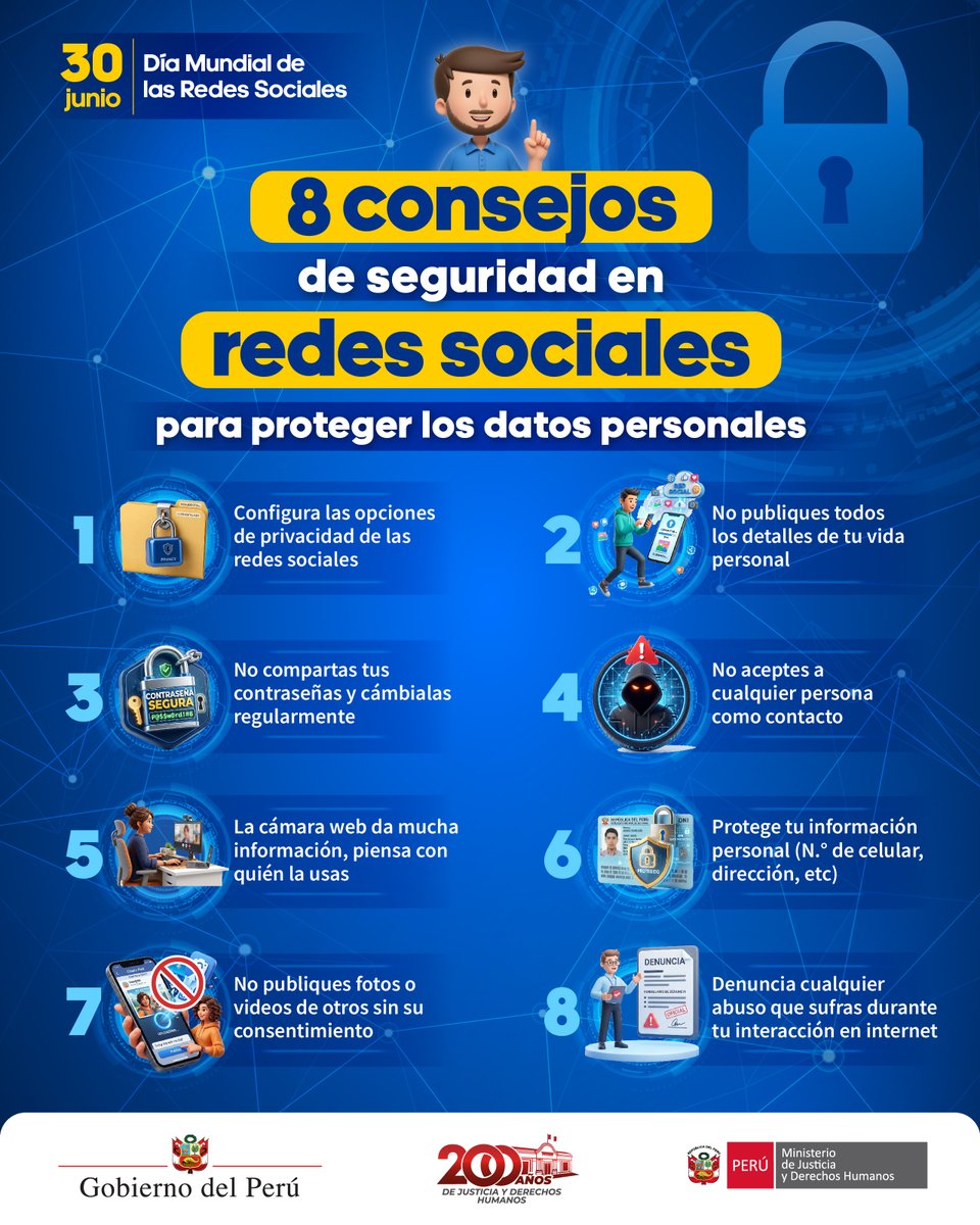 MinjusDH_Peru's tweet photo. 📢 ¡Presta atención! ☝️ En el #DíaMundialDeLasRedesSociales, la Autoridad Nacional de Protección de Datos Personales (ANPD) del MINJUSDH te brinda algunas recomendaciones para proteger tu información y mantenerla segura mientras utilizas estas plataformas. 

#YoCuidoMisDatosPersonales
