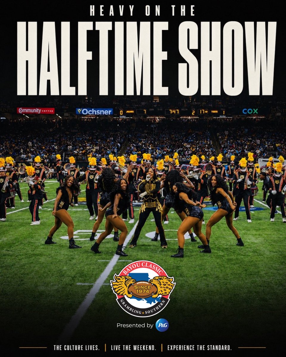 BayouClassic74's tweet photo. Heavy on the halftime show. 🎺

Now tell us…

Who do y’all think we’re bringing to this year’s Bayou Classic halftime show? 👀

Drop your predictions.

The Culture Lives.

#BayouClassic #TheCultureLives #TheSomebodyStandard https://t.co/k9ez5MyEuq