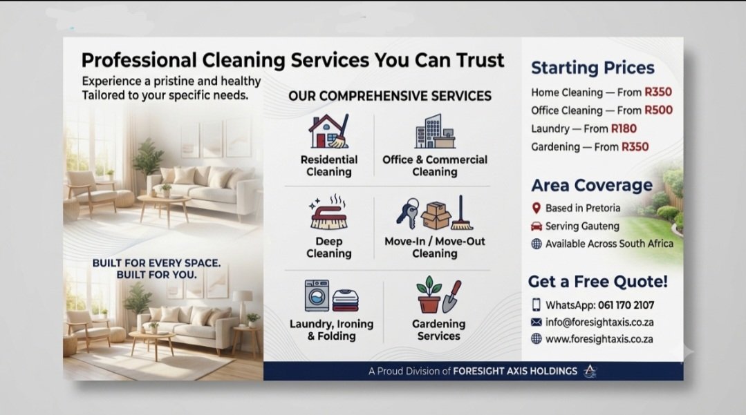 Foresightaxis's tweet photo. Messy space? We can fix that. ✨

Foresight Axis Cleaning Services offers affordable, deep cleaning for homes, offices, schools, and hospitals across Gauteng. Laundry and gardening packages available! 🧺🏡

👇 Get a free quote today:

📲 061 170 2107

#Mabahambe | #30june | eNCA https://t.co/ylxcr7i7ay
