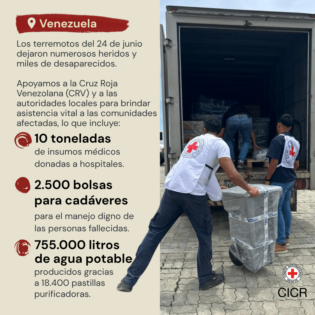 CICR_es's tweet photo. Con numerosas personas heridas y miles desaparecidas, una respuesta coordinada ante el devastador impacto de los terremotos es crucial.

Apoyamos a nuestros socios de la Cruz Roja Venezolana y a las autoridades para brindar asistencia humanitaria vital 👇🏽 https://t.co/RX7J28kwc5
